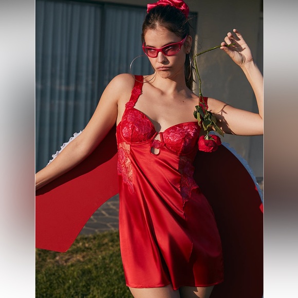 For Love & Lemons Cordelia Slip Dress Rosey Red Lace Mini XS NWT - Picture 5 of 9